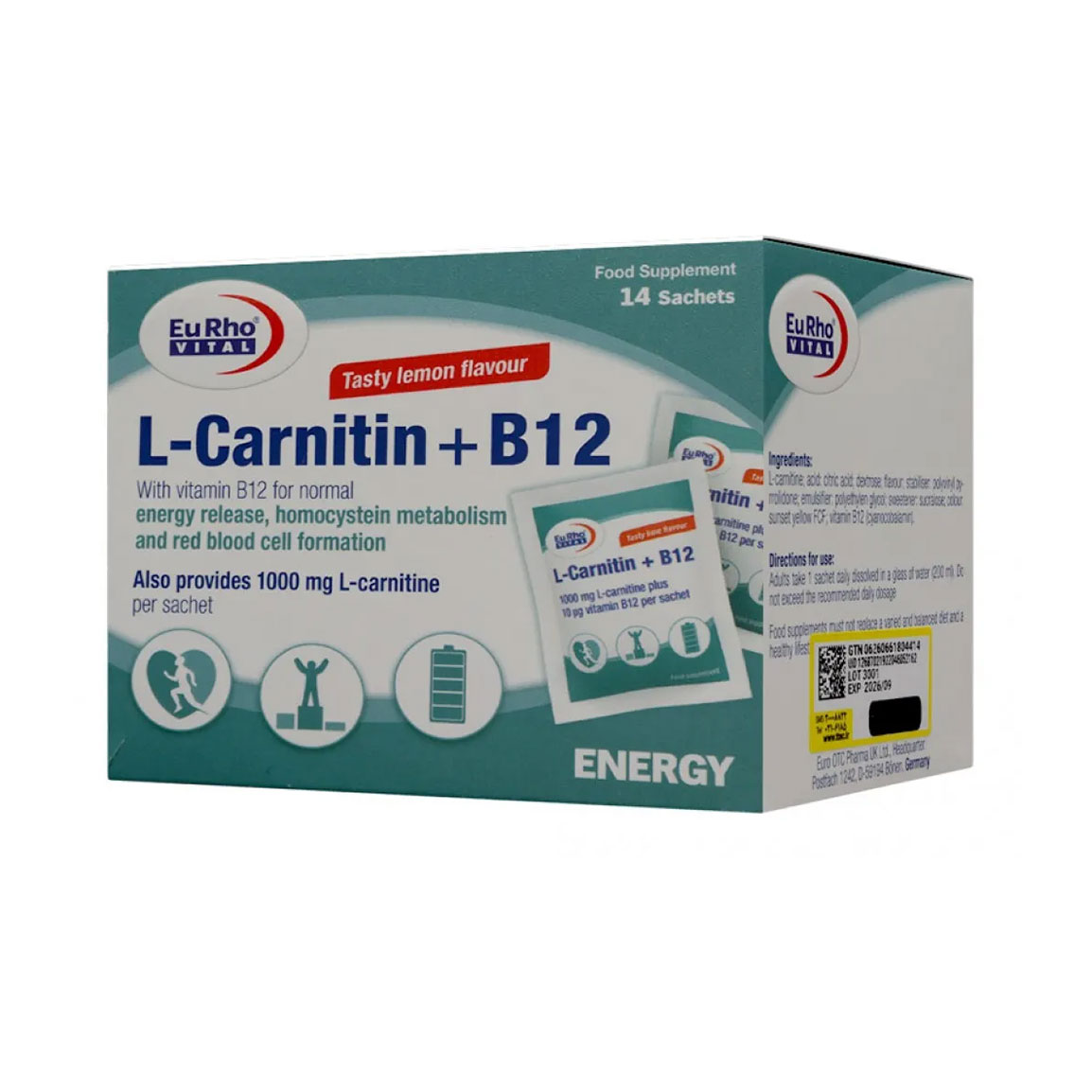 1-2025224152456600.jpg ساشه ال کارنیتین و ب12 یوروویتال با طعم لیمو بسته 14 عددی - Image 1