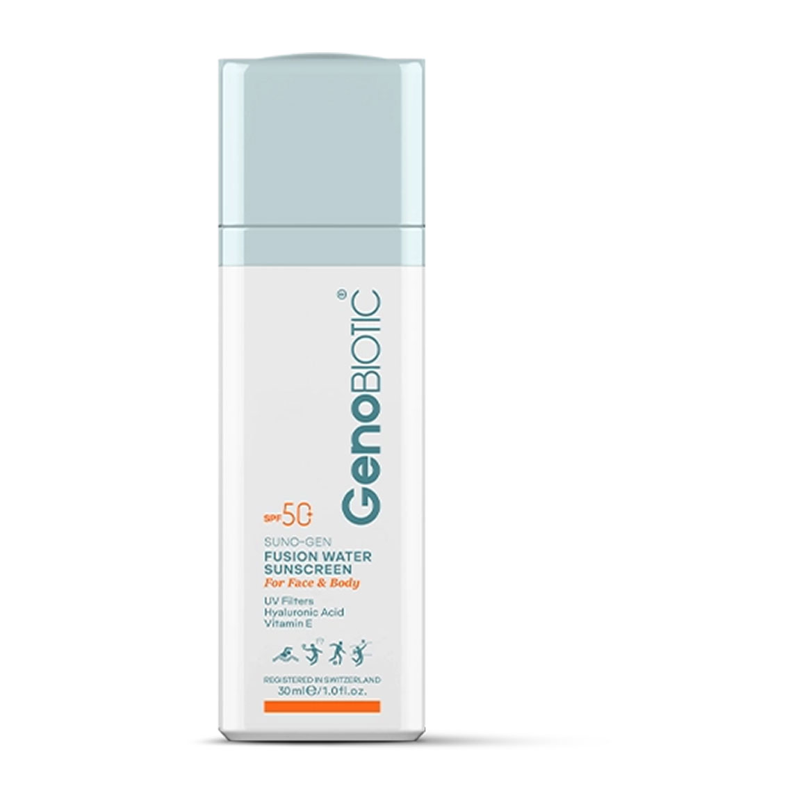 1-202562162754437-1.jpg ضد آفتاب فیوژن واتر ژنوبایوتیک بی رنگ SPF50 مناسب انواع پوست حجم 30 میلی لیتر - Image 1
