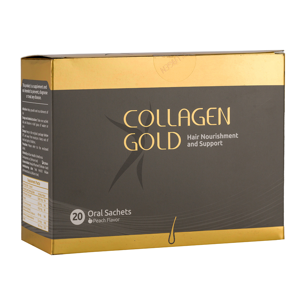 7987500032-202478164741481-202471010135743.jpg ساشه کلاژن آدریان مدل Colagen Gold مخصوص مو با طعم هلو بسته 20 عددی - Image 1