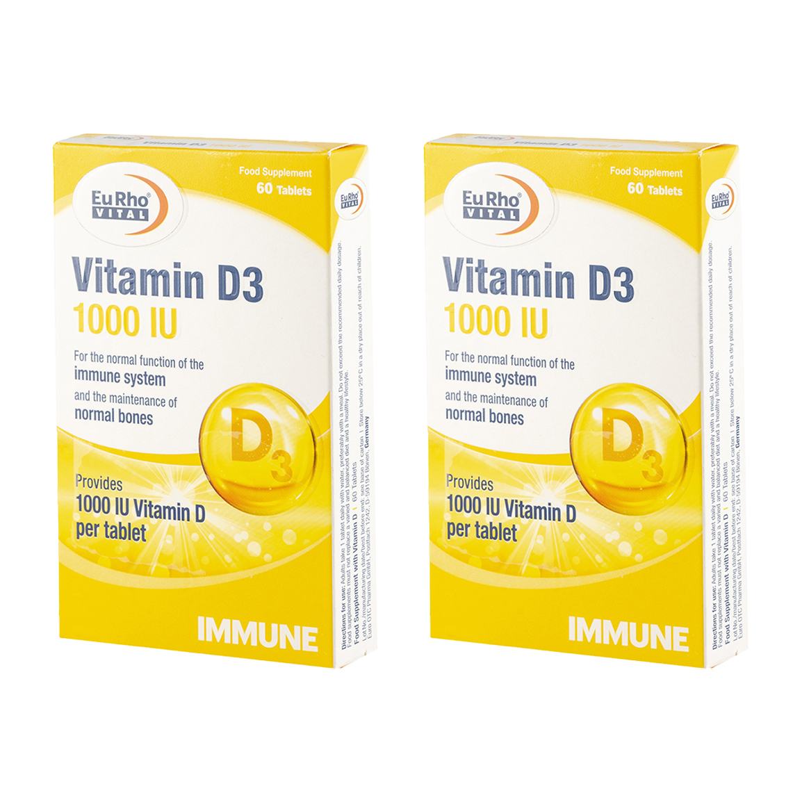 Eurho-vital-Pack-Of-2-Vitamin-D3-1000IU-60-Tabs-2026680222641.jpg پک 2 عددی قرص ویتامین D3 1000 یوروویتال بسته 60 عددی - Image 1