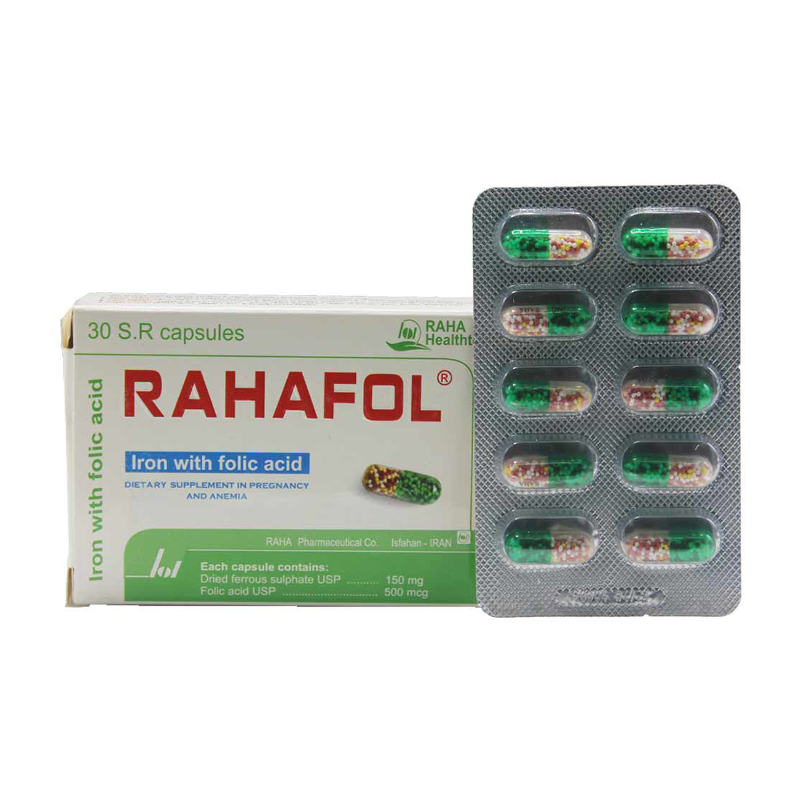 raha-fol2-202571317911606.jpg کپسول پیوسته رهش آهن 40 میلی گرم و فولیک اسید رهافول بسته 30 عددی - Image 1